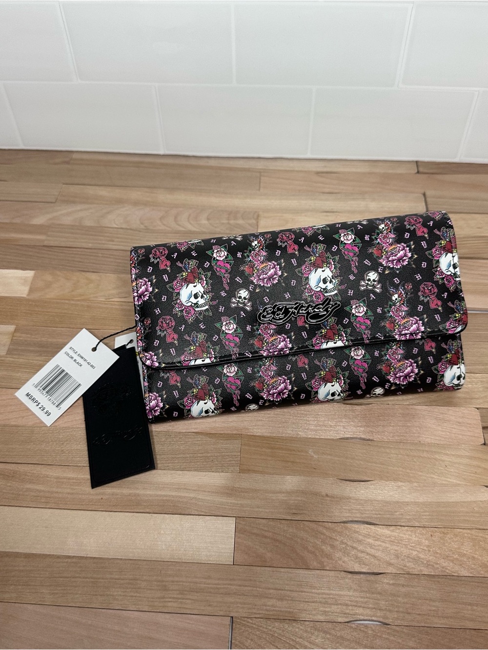 Ed Hardy Black Floral & Skull Foldover Wallet